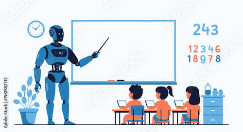 Futuristic Classroom Setting Illustrating Automated Learning With Robot Teacher