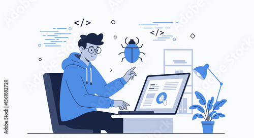 Young Developer Coding And Debugging Software At His Desk With Blue Elements