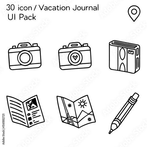 Hand drawn icons for a vacation journal ui pack featuring cameras a passport a map a pencil and a location pin perfect for travel apps and websites