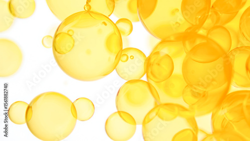 Hyaluronic acid skin solutions ad, collagen serum drops, vitamin C, oil. cosmetics advertising background. Abstract oil bubbles background on white background. Collagen Hydrolysate