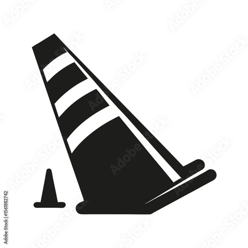 Fallen Traffic Cone Icon, Black and White Minimalist Vector Warning Sign for Hazard, Construction, Accident, and Safety Awareness
