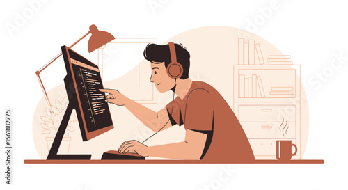 Young Developer Working At Desk Using Computer And Headphones