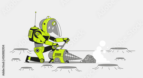 Futuristic Robot Mining Asteroid Resources With Industrial Drilling Equipment