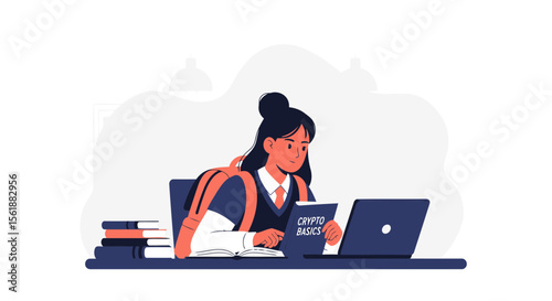 Young Student Learning Crypto Basics And Investing Online with Laptop