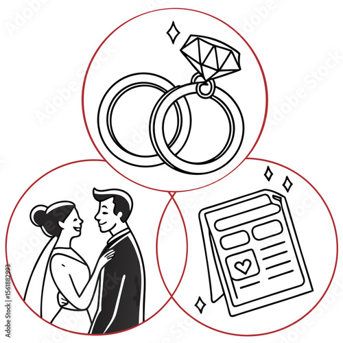 A stylized illustration depicting three key elements of a wedding a happy couple wedding rings with a diamond and a wedding planner or calendar