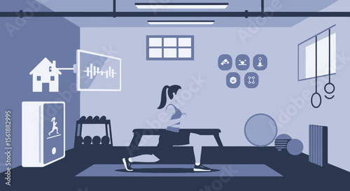Young Woman Doing Lunges In Home Gym With Technology Integration Vector