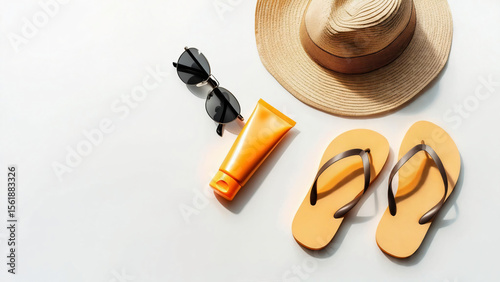 Top View of Beach Accessories – Sunglasses, Sun Cream, Straw Hat, and Flip-Flops on White Background