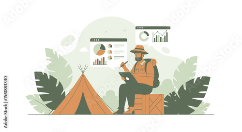 Adventurer Analyzing Data In The Wilderness Shows Business Transformation Concept