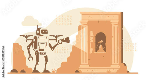 Futuristic Archaeological Expedition Robot Inspecting Ancient Artifacts And Ruins