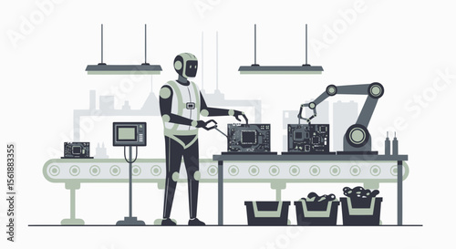 Advanced Technological Future Robot In The Manufacturing Unit Works On Circuit Boards