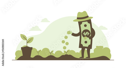 Investing For Growth Depicts Money Character Sowing Investment Seeds For Future Gains