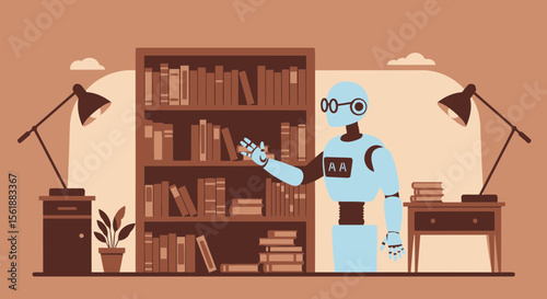 Intelligent Automation Robot Reaching For Book In Library For Data Analysis