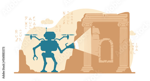 Futuristic Archeology Exploration Drone Inspecting Ancient Ruins With Robotic Arm