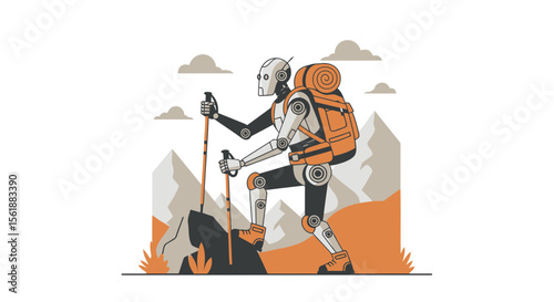 Adventurous Robotic Hiker Conquering Mountain Peak With Trekking Poles and Backpack