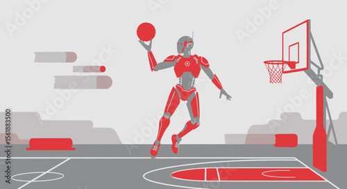 Futuristic Robot Playing Basketball Sport On Court Illustration Vector Image