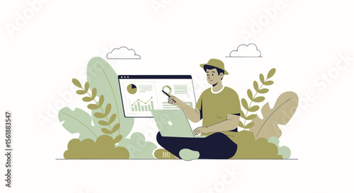 Analyzing Data Outdoors Man Working On Laptop With Financial Charts And Graphs