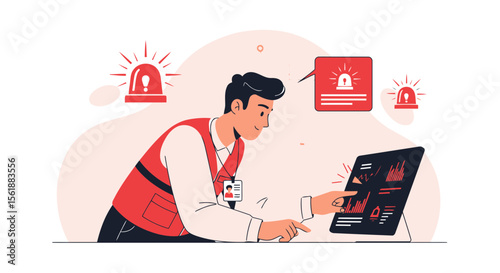 Man Analyzes Data Security Breach On A Tablet During Alert Situation