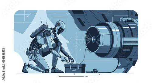 Futuristic Robot Technician Performing Maintenance On A Large Engine Component