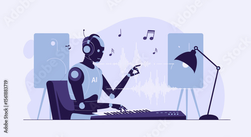 Artificial Intelligence Composing Melodies In Modern Studio Setting Creating Musical Pieces