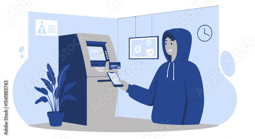 Hooded Person Using Mobile Phone At An Atm For Cash Transaction