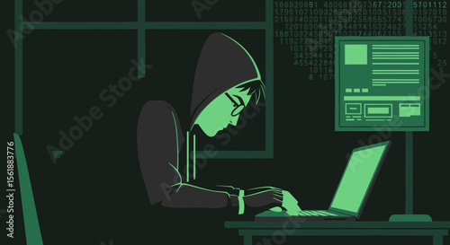 Hooded Hacker Typing on Laptop in Dark Room Filled With Digital Data