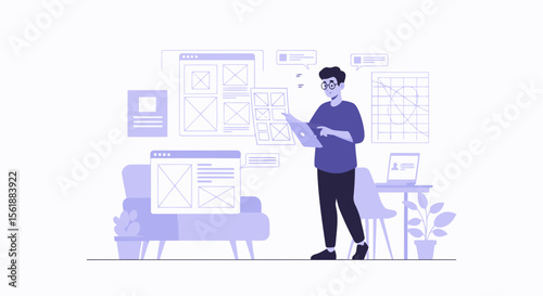 Man Designs Website Layout and User Interface With Digital Devices at Home