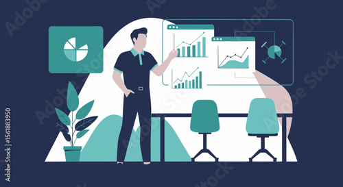 Man Discussing Business Growth Charts And Data Analysis In The Workplace