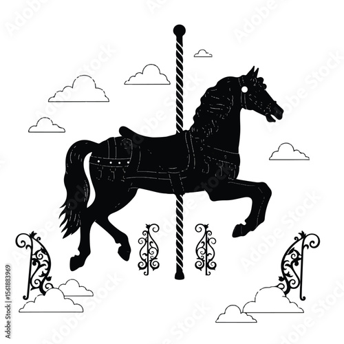 Black silhouette of a carousel horse with assembly parts shown separately, clouds and ornamental foliage around, white background