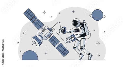 Astronaut Repairing Satellite Illustration In Space With Planet Background
