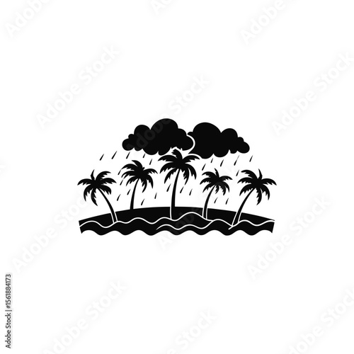 Vector art of a tropical island with palm trees experiences a rainstorm, isolated