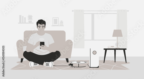 Man Relaxing As Robot Vacuum Cleans Living Room Using Smart Phone System