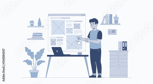 Man Presenting Website Wireframe Design Project In Creative Modern Workspace