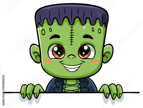 Cute green halloween monster peeking over a wall 
