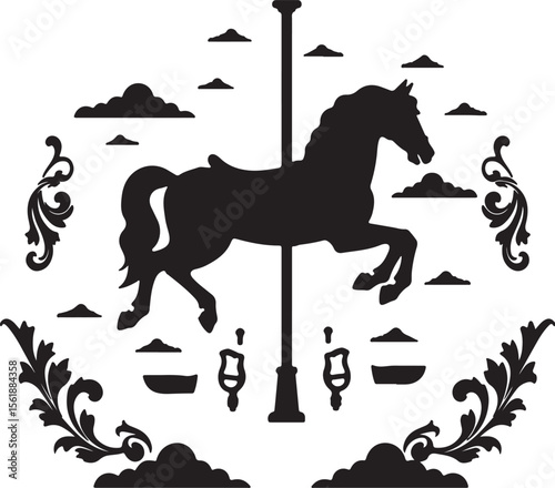Black silhouette of a carousel horse with assembly parts shown separately, clouds and ornamental foliage around, white background