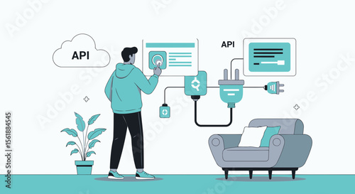 Man Connecting Smart Home Devices Through Api Application Programming Interface