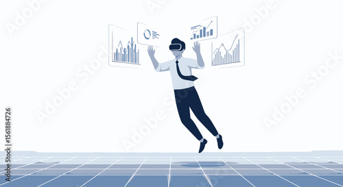 Businessman Analyzing Data In Virtual Reality With Business Graphs And Charts