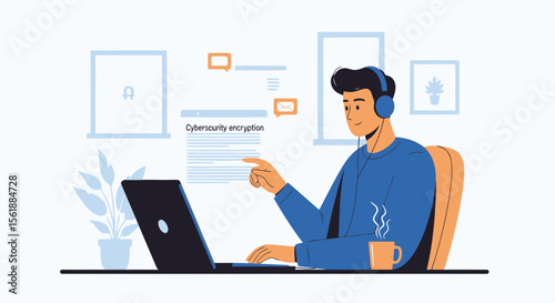 Man Focusing On Cybersecurity Using Laptop With Headphones At Home