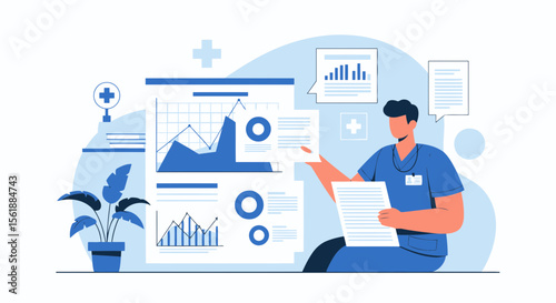 Medical Professional Analyzing Healthcare Data With Charts And Reports Vector Illustration