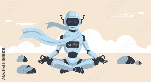 Meditating Robot Achieving Zen State, Exploring Futuristic Wellness Concept