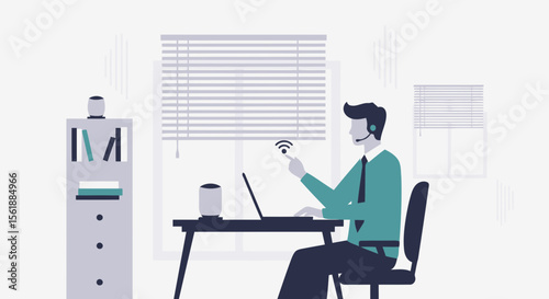 Minimalist Illustration Of Man Working From Home With Wifi Connection And Laptop