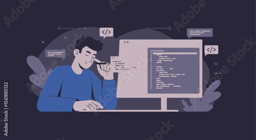 Modern Illustration Of Focused Programmer Or Developer Working On Code Snippets