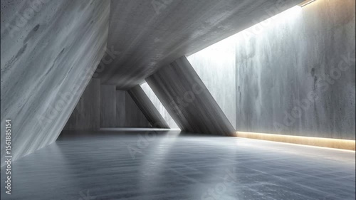 Empty concrete room background, abstract modern space with grey sloped walls and led light, minimalist hall interior. Concept of white stone architecture, texture, garage, warehouse