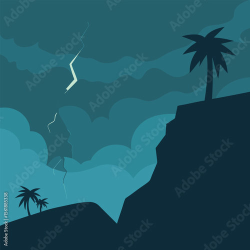 Vector art of lightning strikes near palm trees on a cliff during a storm