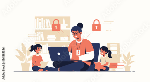 Mother Working Securely From Home While Children Read Books Nearby During Quarantine