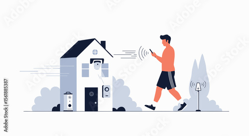 Man Walking Using Mobile App Controlling Smart Home System Remotely