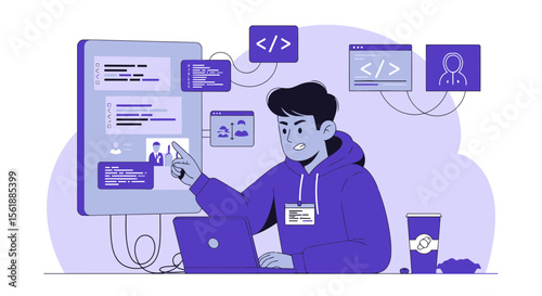 Coding Professional Engaged In Development On Large Display Using His Laptop