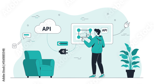 Conceptualize Api Connection Man Interact With Digital Interface Inside Of House