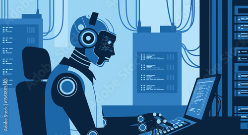 Conceptual Illustration Of Artificial Intelligence Robot Working On Computer Network