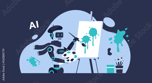 Creative Ai Robot Painting Artistic Artwork On Canvas With Paintbrush And Palette