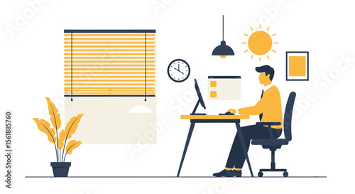 Person Working From Home With Computer And Home Office Interior Elements